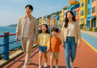 해안가에 있는 마을을 산책하며 즐거워하는 가족