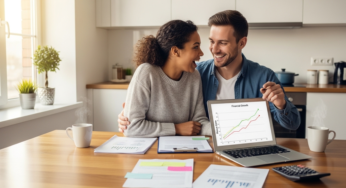 현대적인 주방에서 신혼부부가 노트북과 서류를 보며 재정 계획을 논의하고 있는 모습. 밝고 희망찬 분위기로 내 집 마련의 꿈을 계획하는 순간을 표현합니다.