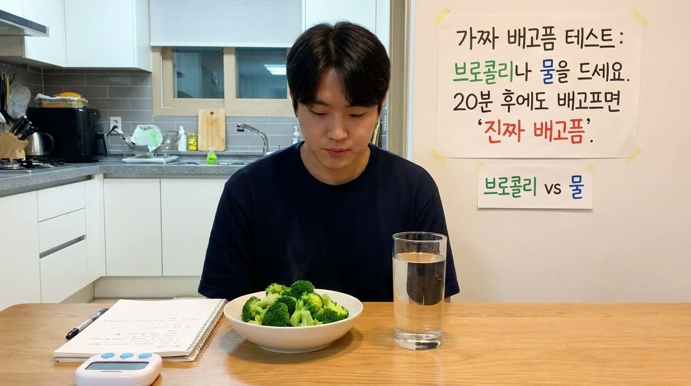 브로콜리나 물을 마시며 가짜배고픔을 테스트하는 이미지