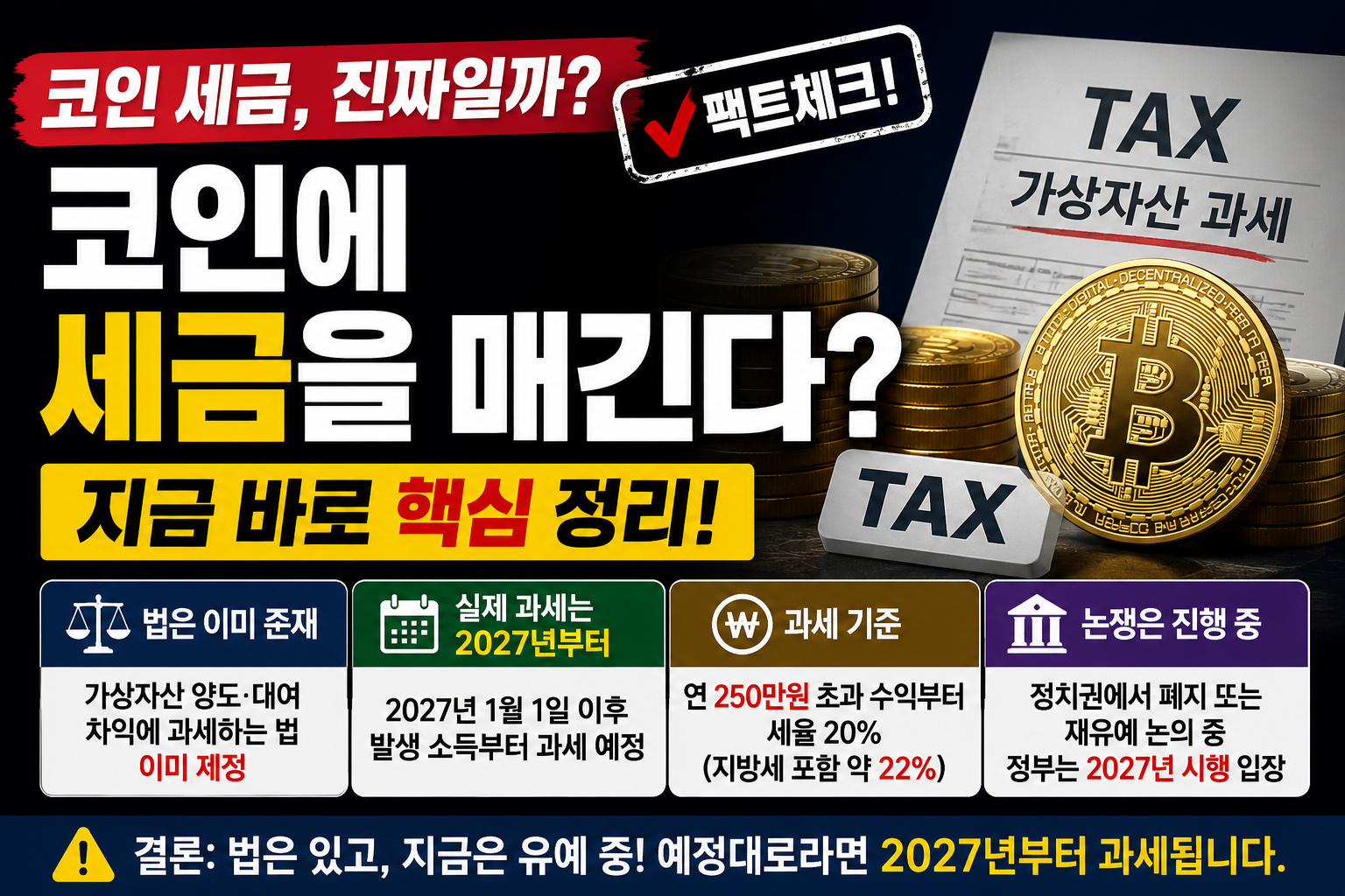 코인 세금, 지금 내야 하나요
2027년 과세 핵심 정리!