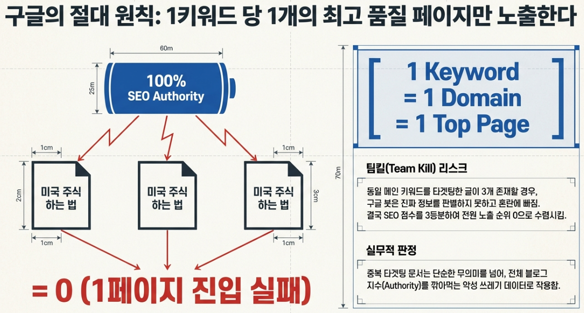 구글 서치콘솔 알고리즘 중복 키워드 팀킬 트래픽 분산 SEO 점수 하락 블로그 지수 관리