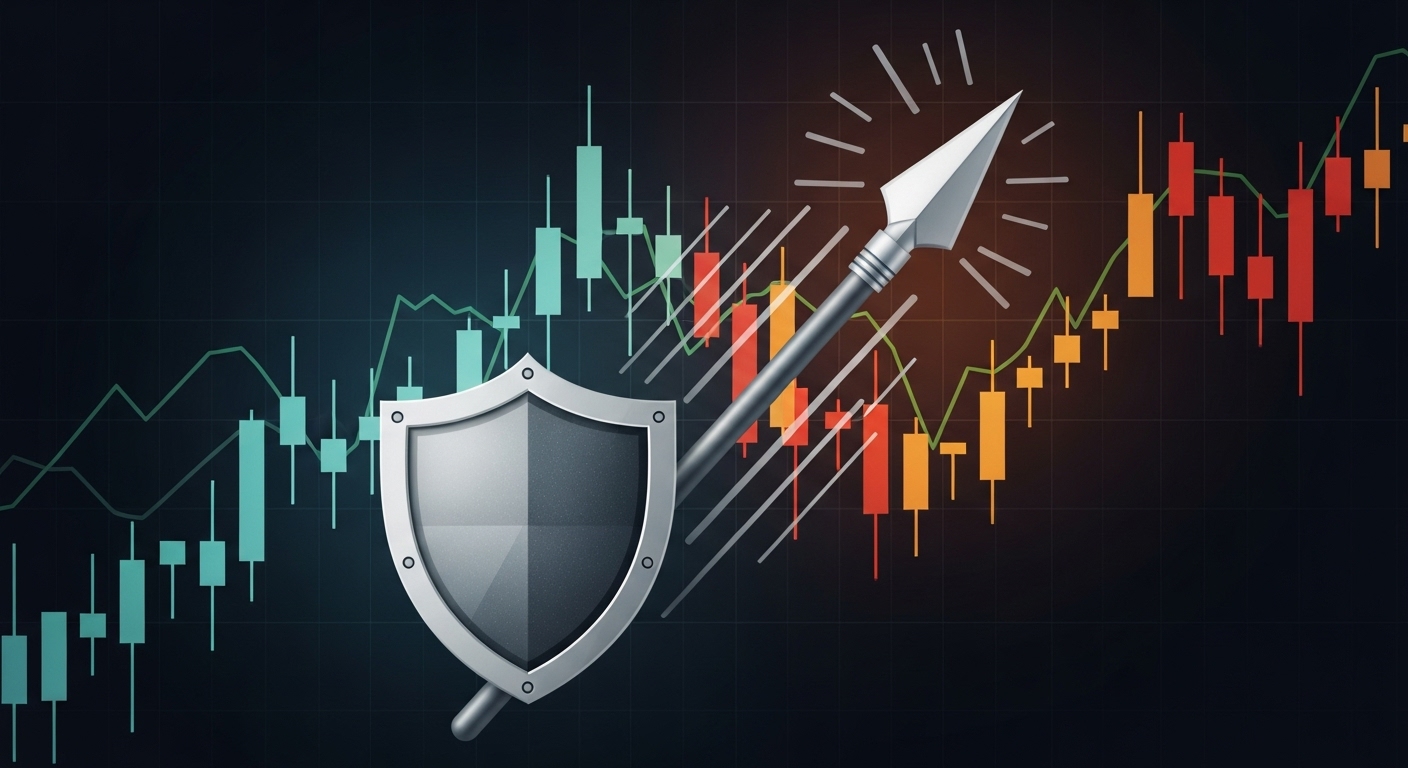 주식 차트 위에 방패와 창이 겹쳐진 이미지로, 방어와 공격 전략을 상징