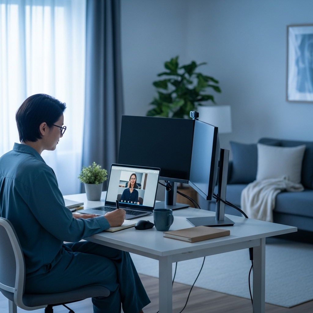 깔끔하고 현대적인 홈 오피스에서 노트북과 모니터를 보며 집중하고 있는 사람의 모습