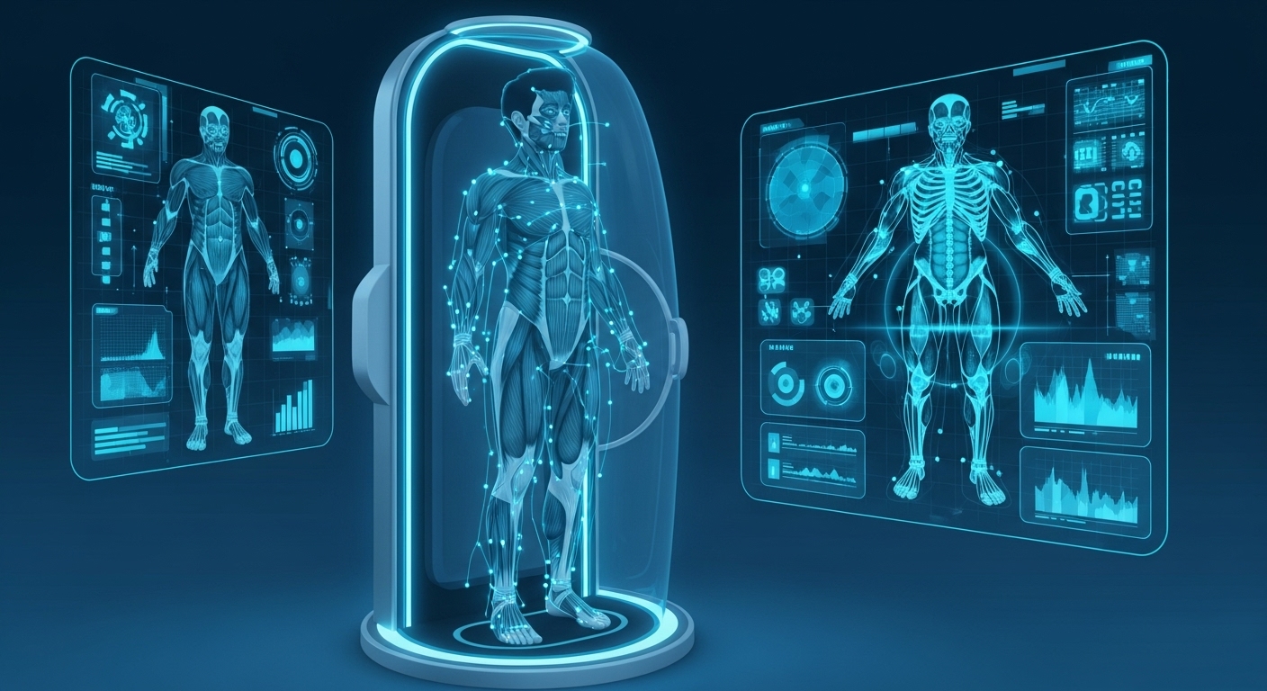 사람이 3D 스캐너 앞에서 체형 분석을 받고, 스크린에 근육과 지방 분포가 시각화되는 모습
