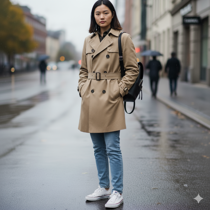 트렌치코트와 청바지, 스니커즈를 매치하고 백팩을 멘 전신 사진