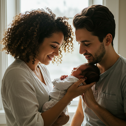 부모가 아이를 사이에 두고 사랑스럽게 바라보는 모습