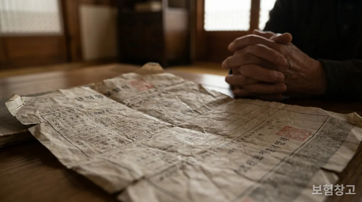 구겨진 보험 증서와 걱정하는 손, 보험 중도 해지의 어려움을 상징