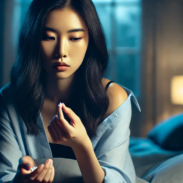 침대에서 졸피뎀 복용을 고민하며 앉아 있는 동양인 여성