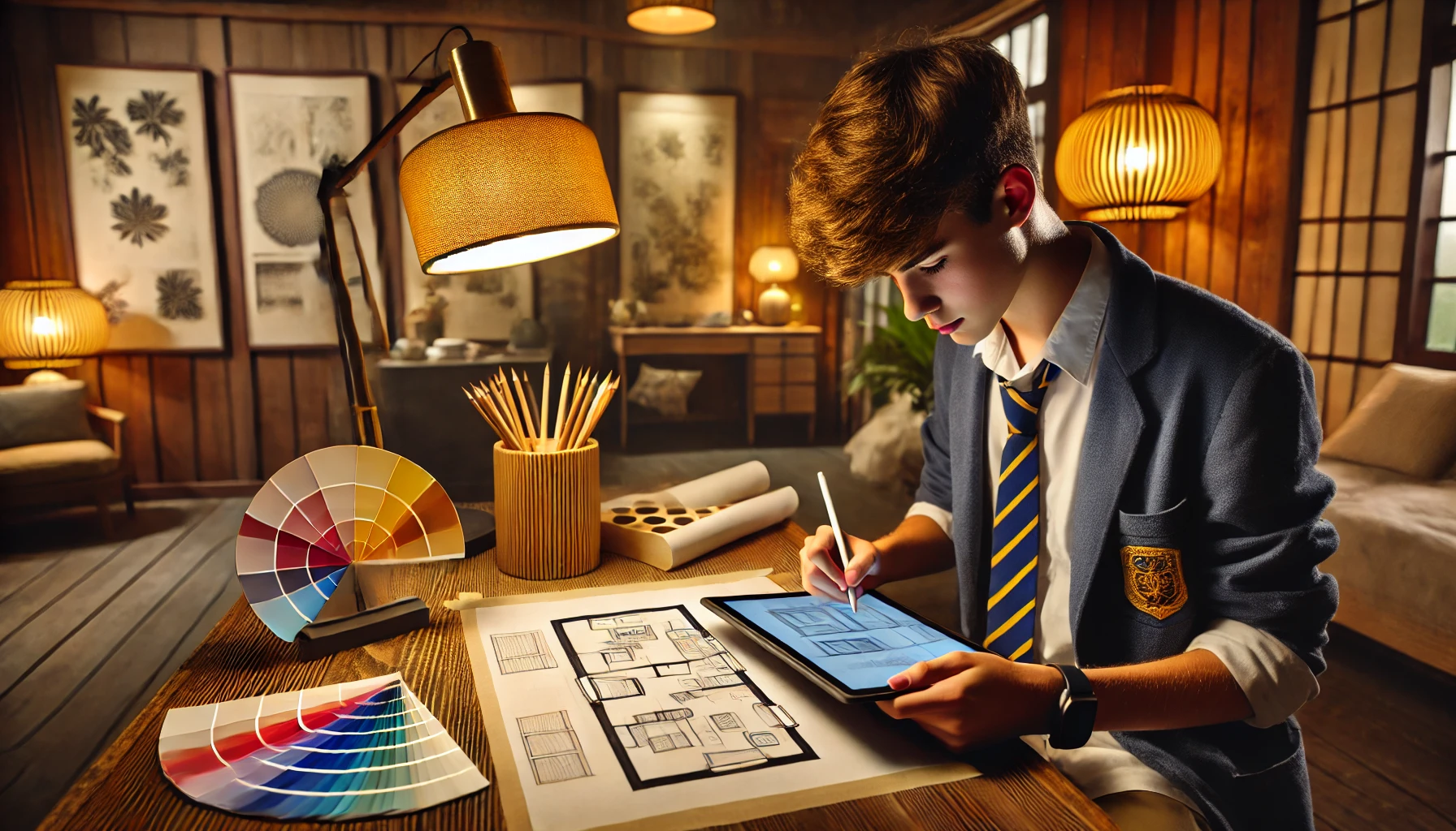 조명과 색채를 고려해 실내 공간을 디자인하는 학생의 이미지