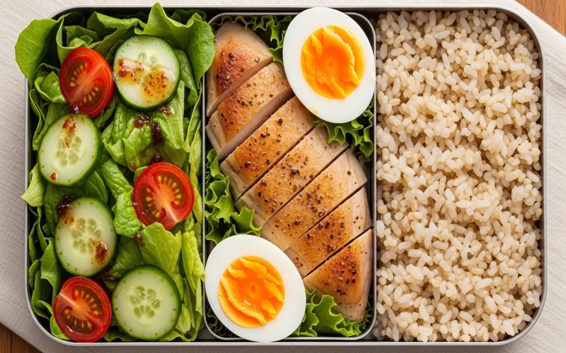 단백질 닭가슴살과 채소 샐러드 현미밥이 포함된 건강 도시락 식단, 거꾸로 식단법 식사 순서 이미지