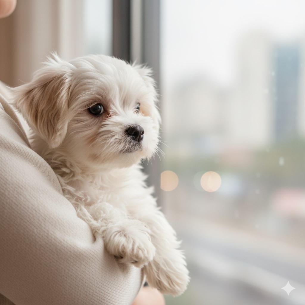 주인 품에 안겨 창밖을 구경하는 말티즈 아기 강아지