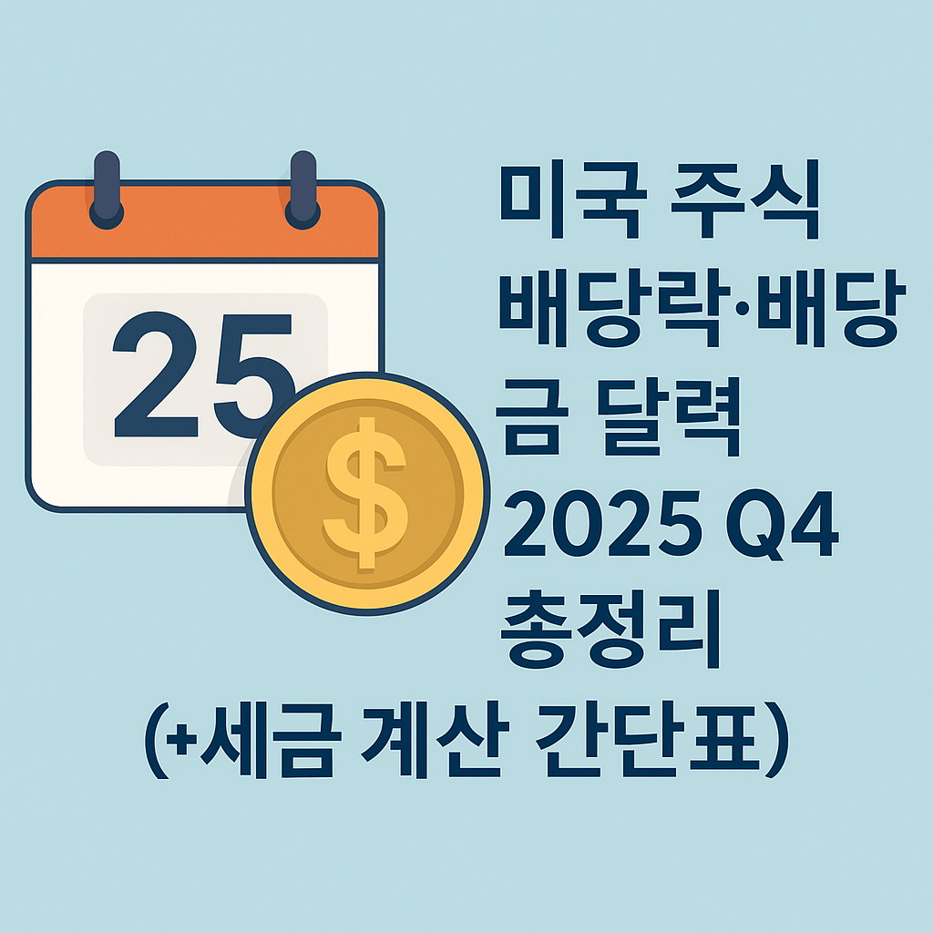 2025년 4분기 미국 주식 배당락 및 배당금 달력, 세금 계산표를 강조한 인포그래픽 썸네일