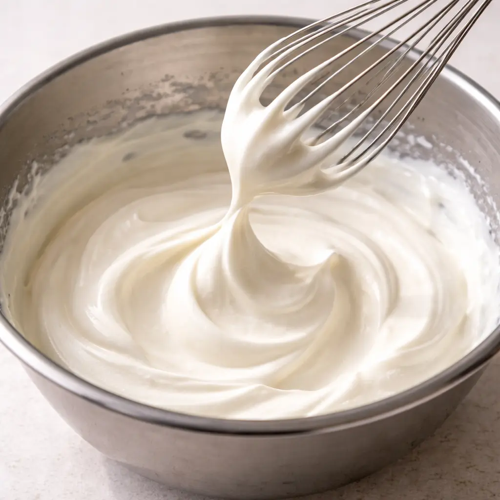 생크림 소프트 피크 상태 - 거품기를 들었을 때 부드럽게 구부러지는 뿔 모양