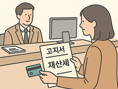 은행 또는 구청 창구에서 여성 납세자가 &lsquo;고지서&rsquo;와 &lsquo;재산세&rsquo; 문서를 들고 담당자와 상담하고 있는 모습. 오프라인 재산세 납부 상황을 표현한 일러스트