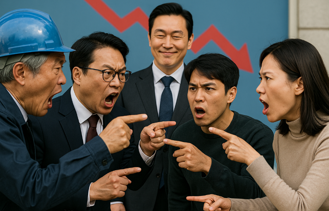 한국 경기 침체의 책임을 서로에게 돌리며 싸우는 사람들 그러나 진짜 원인제공자는 웃고 있다