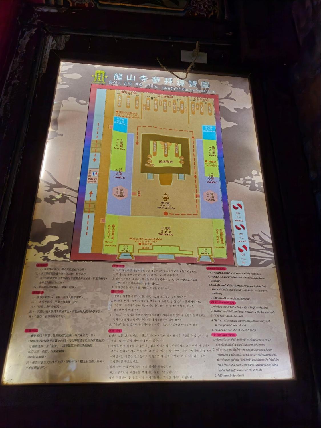 절 안내 그림이 벽에 걸려 있다