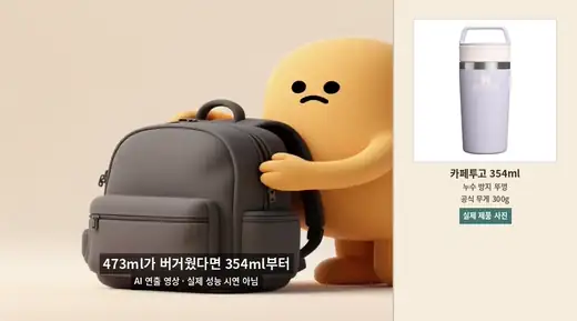 작은 가방과 스탠리 텀블러 용량 선택을 비교하는 AI 연출 장면