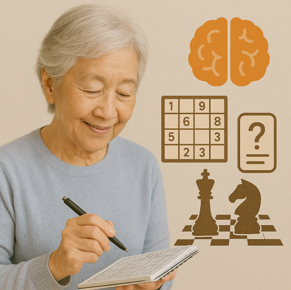 흰 머리를 깔끔하게 빗은 노년 여성이 차분한 표정으로 스도쿠 퍼즐을 풀고 있는 모습
