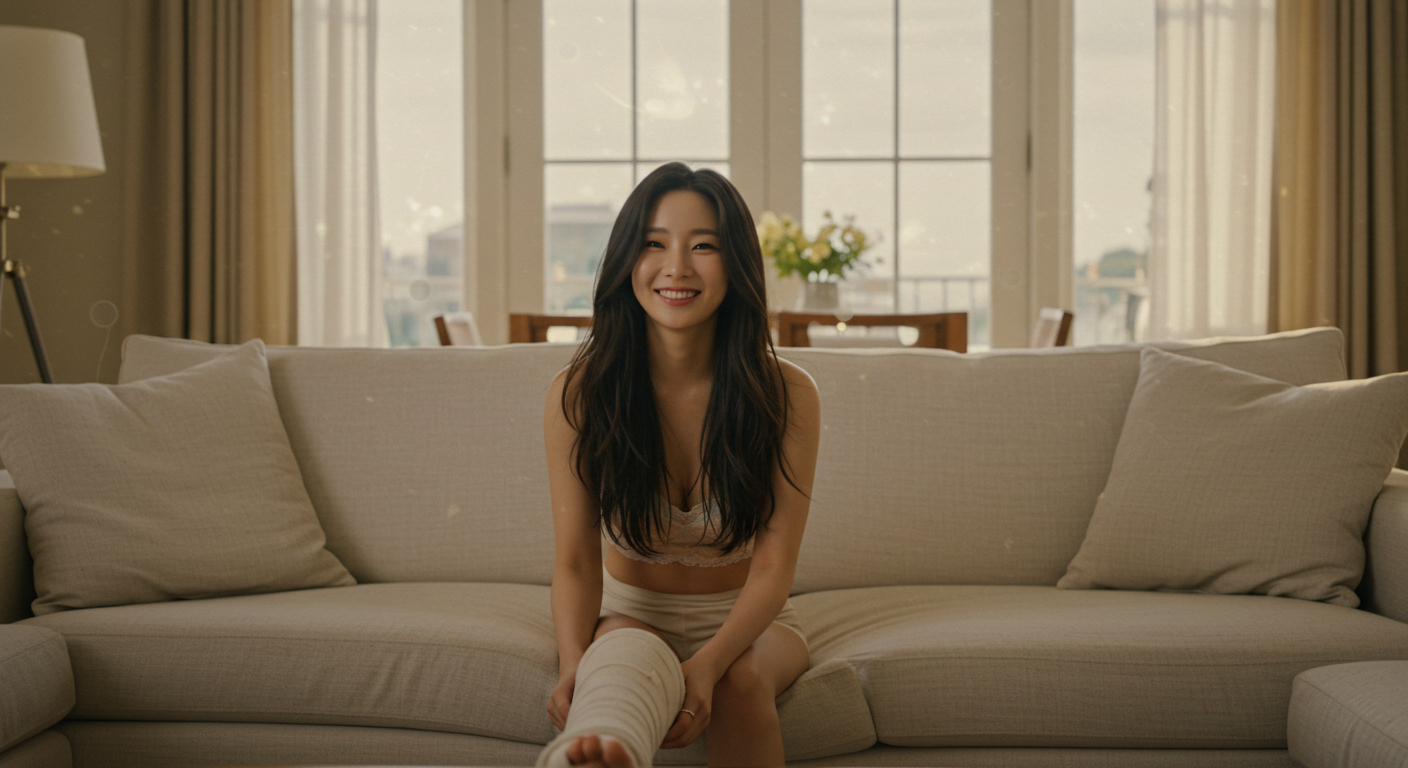 깁스하고 앉아있는 여성