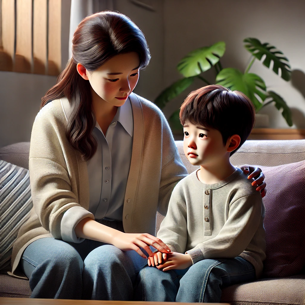 부모가 걱정하는 아이의 손을 잡고 소파에 앉아 부드럽게 위로하는 장면. 안전하고 사랑이 가득한 분위기