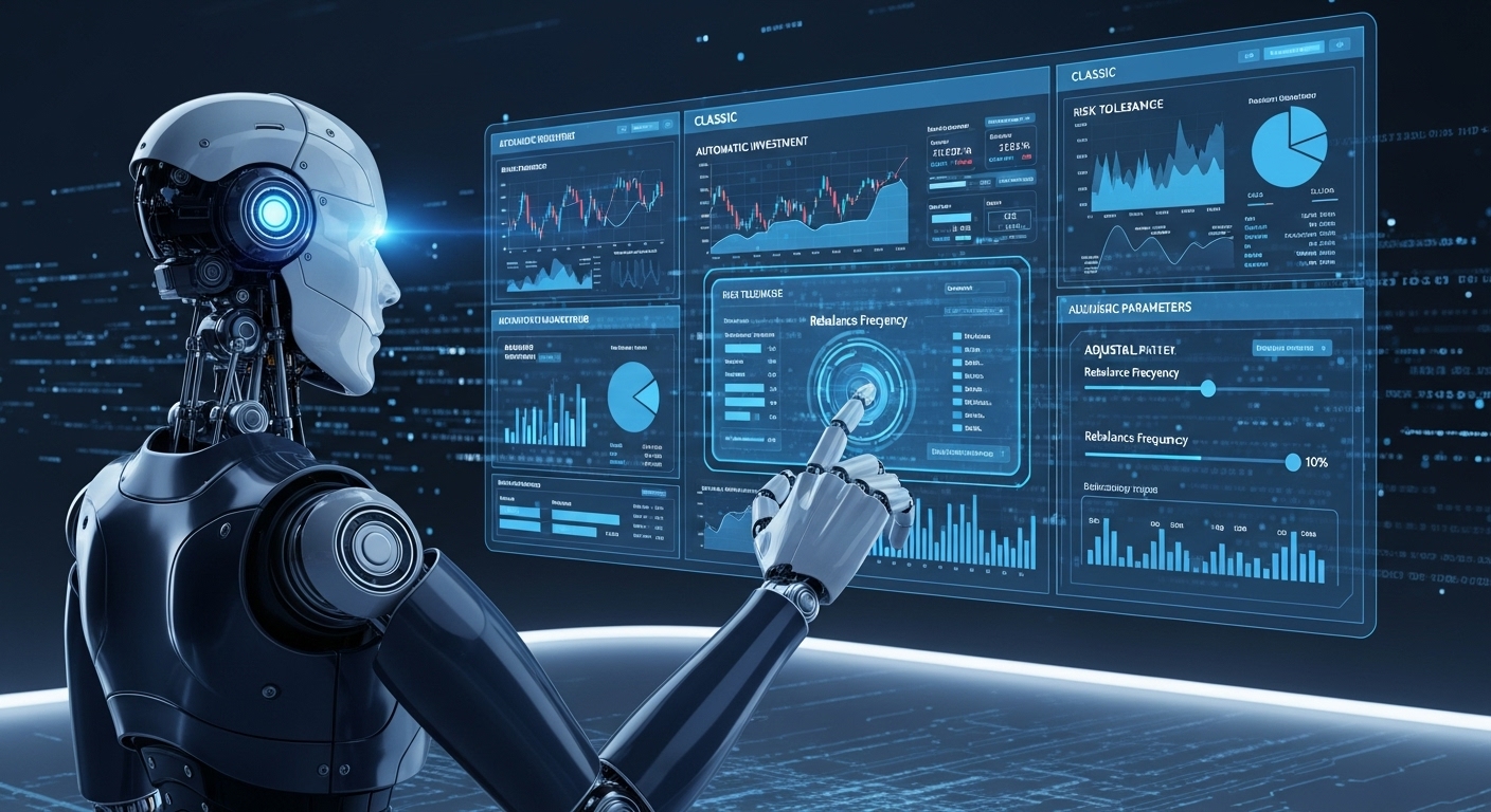 로보 어드바이저가 복잡한 금융 데이터를 분석하며 자동으로 투자 포트폴리오를 최적화하는 모습