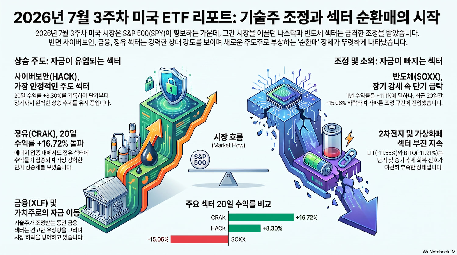 2026년 7월 3주차 미국 ETF 섹터 분석: 기술주 조정 속 정유·금융·사이버보안 강세
