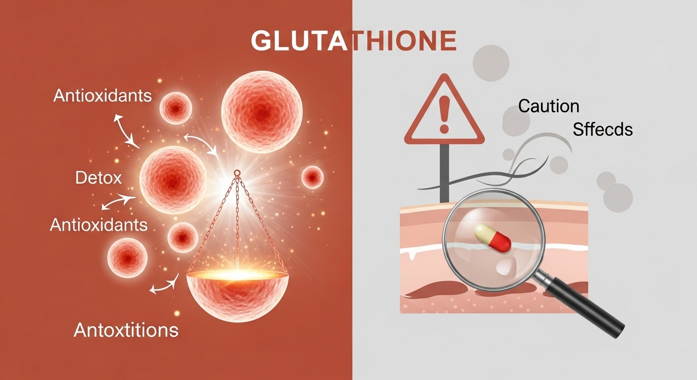 글루타치온의 효과와 부작용을 균형 있게 보여주는 이미지. 빛나는 세포와 건강한 피부는 효능을, 약간 어두운 경고 표지는 주의사항을 나타냅니다.