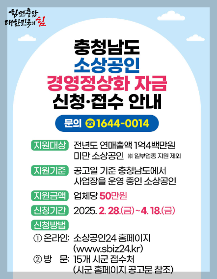 충남 소상공인 경영정상화 자금 지원 50만원 신청 기간 및 방법