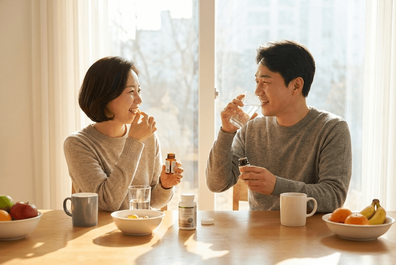 중년 남성과 여성이 함께 건강 보조제를 복용하는 자연스러운 일상 장면