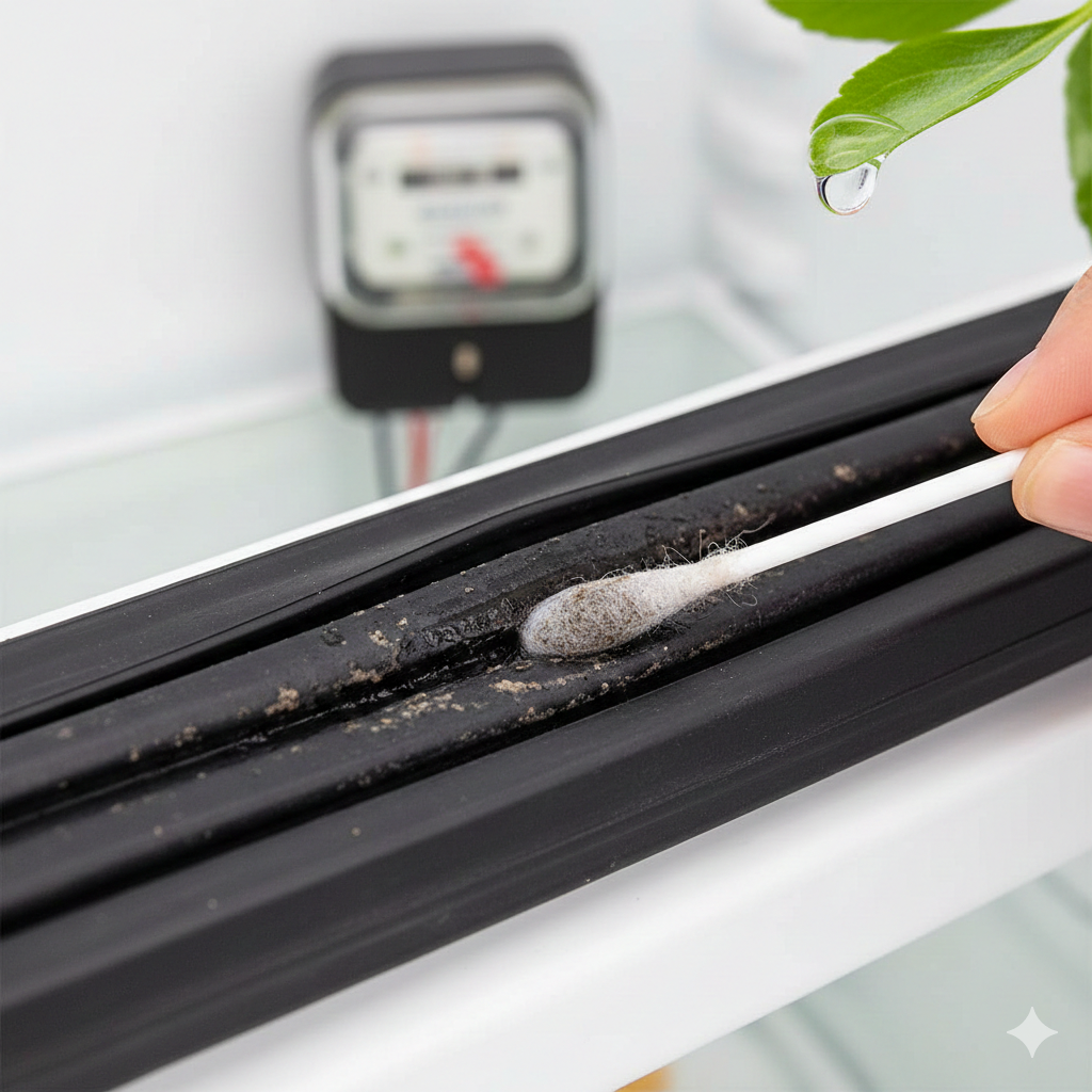 냉장고 문을 연 상태에서 검은색 고무 패킹 틈새에 쌓인 검은 곰팡이를 면봉으로 정교하게 닦아내고 있는 초근접 실사 이미지에요. 배경에는 냉장고 내부 선반과 함께 전력 사용량을 상징하는 계량기가 흐릿하게 배치되어 패킹 청소가 전기료 절감과 직결됨을 암시해요. 화면 상단에는 신선함을 상징하는 초록색 잎사귀에서 맑은 물방울이 떨어지려 하는 모습이 담겨 위생적인 식재료 보관의 의미를 더해요. 면봉 끝에 묻어 나오는 검은 오염물과 깨끗해지는 고무 패킹의 대비가 뚜렷하게 강조된 실용적인 사진이에요.