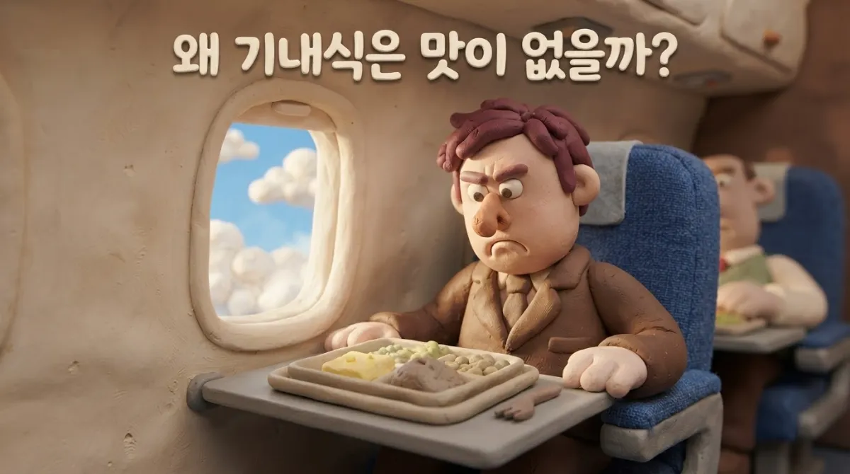 비행기 기내에서 찰흙으로 만든 좌석에 앉아 실망스러운 표정으로 밋밋하게 보이는 기내식 식판을 내려다보고 있는 클레이 애니메이션 승객 캐릭터의 모습
