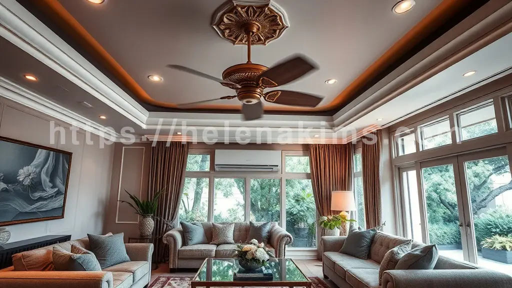 거실 천정에 달린 선풍기와 에어컨이 있는 이미지.
