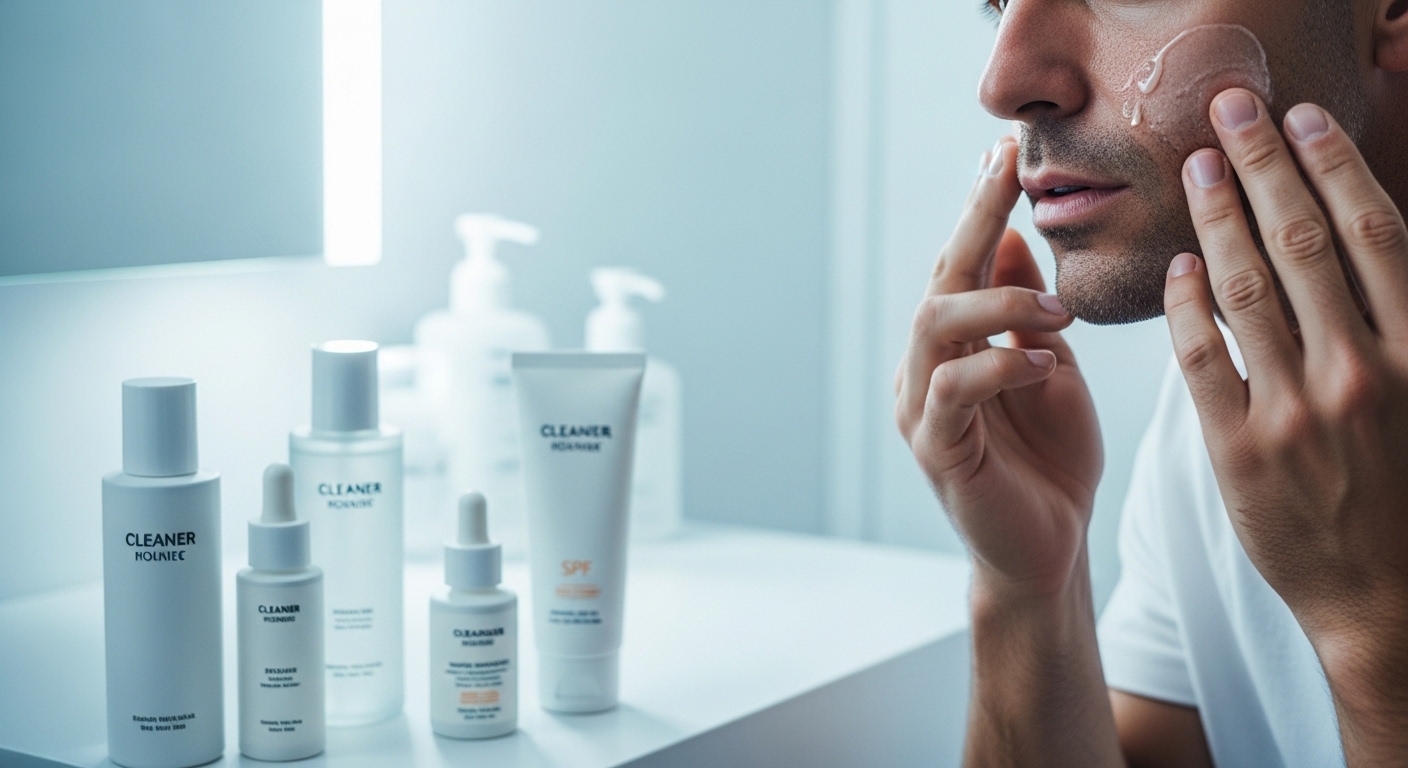 아침 스킨케어 루틴을 따르는 남성의 모습. 약산성 클렌저, 수분 토너, 비타민C 세럼, SPF 크림 등 깔끔하게 정돈된 남성용 화장품 병들이 배경에 보인다.