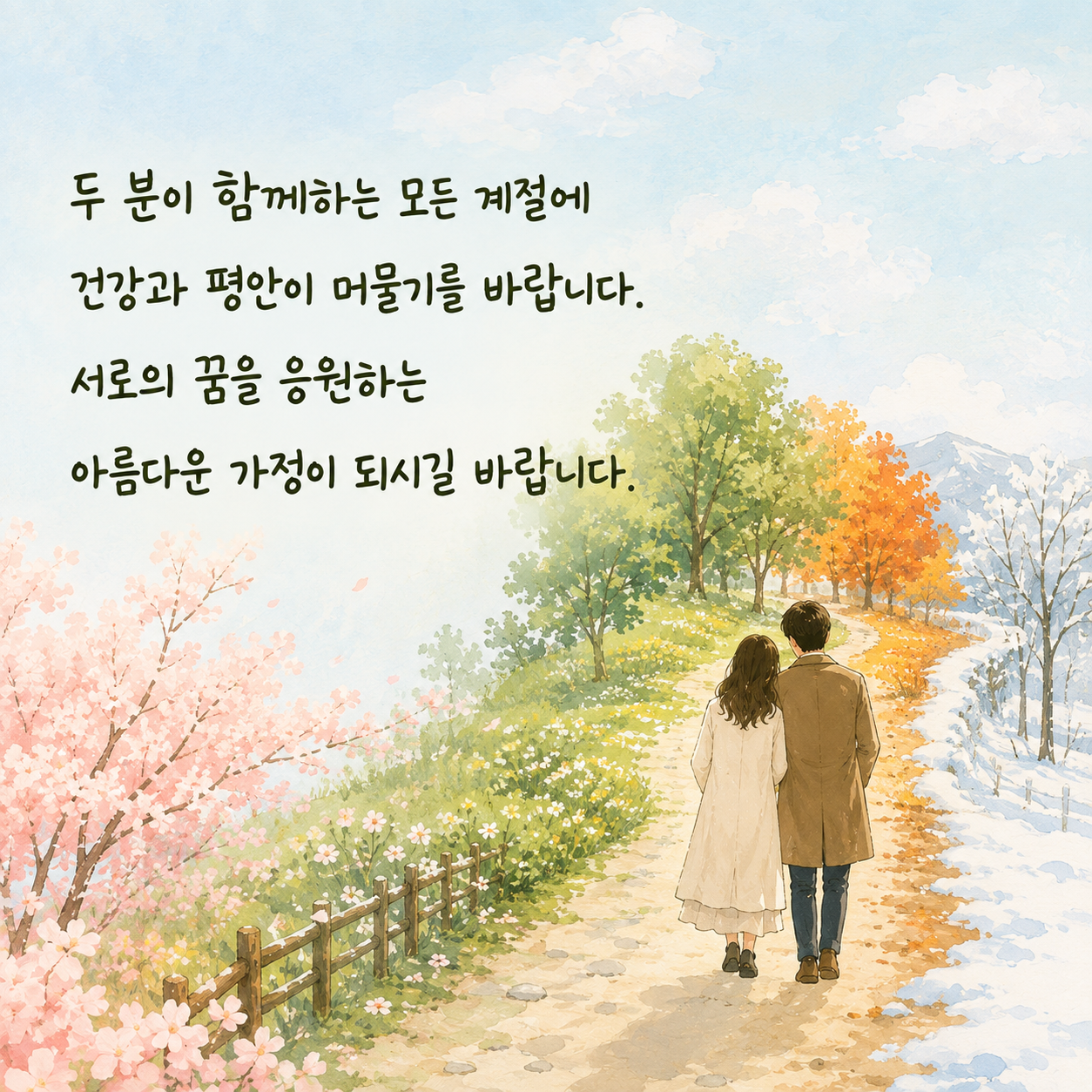 결혼 축하 문구 7 - 모든 계절에 건강과 평안이 함께하고 서로의 꿈을 응원하는 부부를 위한 글귀