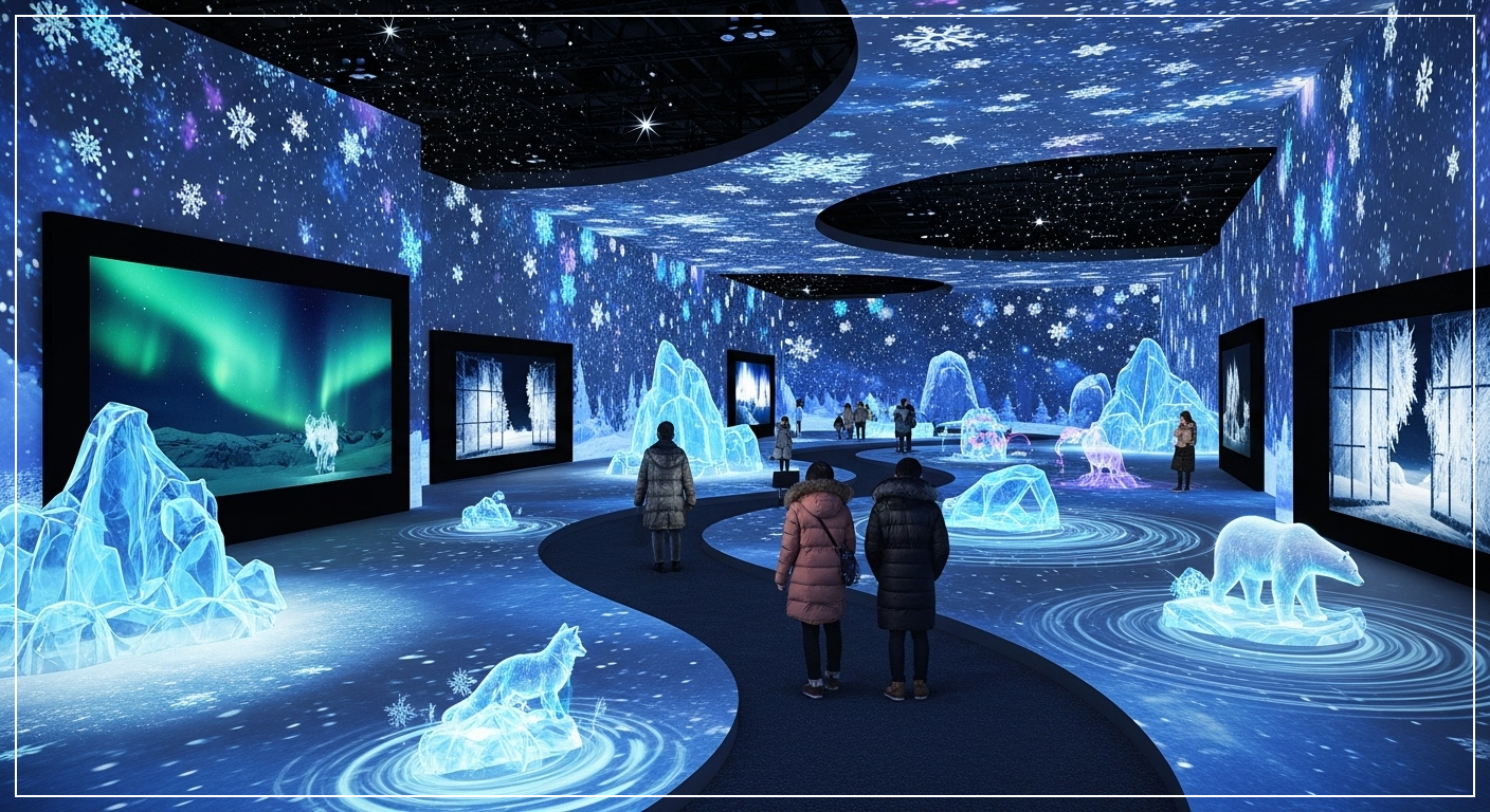 &ldquo;미디어아트 전시장에서 관람객이 화려한 조명과 디지털 아트를 바라보는 겨울 분위기의 실내 전시 공간&rdquo;
