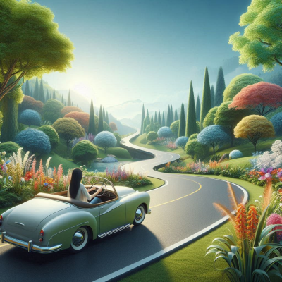 별빛 아래 차를 타고 자연을 누비는 사람의 꿈속 모습입니다.