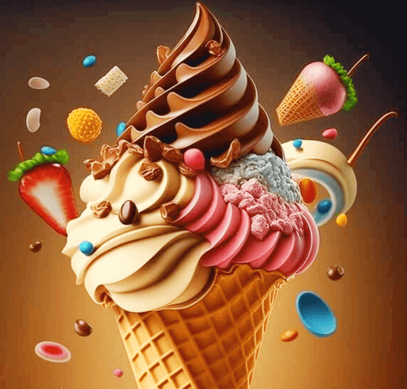 갈색 배경이 있고 아주 커다란 초콜릿 아이스크림이 확대된 장면이다. 그 주변에는 설탕이 함유된 알사탕들, 초콜릿 알갱이, 딸기 그림이 그려져 있다.