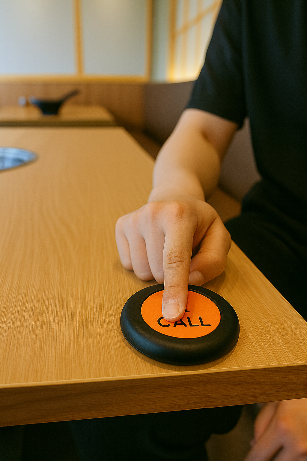 Korean restaurant call bell system &mdash; a diner pressing the service button to request staff assistance quickly and politely.