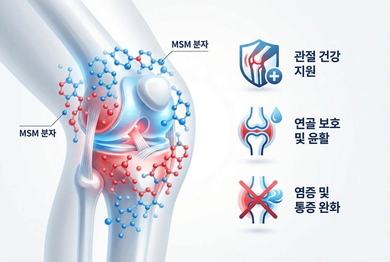 MSM 성분이 무릎 관절과 연골의 편안한 움직임을 돕는 모습을 단순한 아이콘과 그래픽으로 표현한 인포그래픽