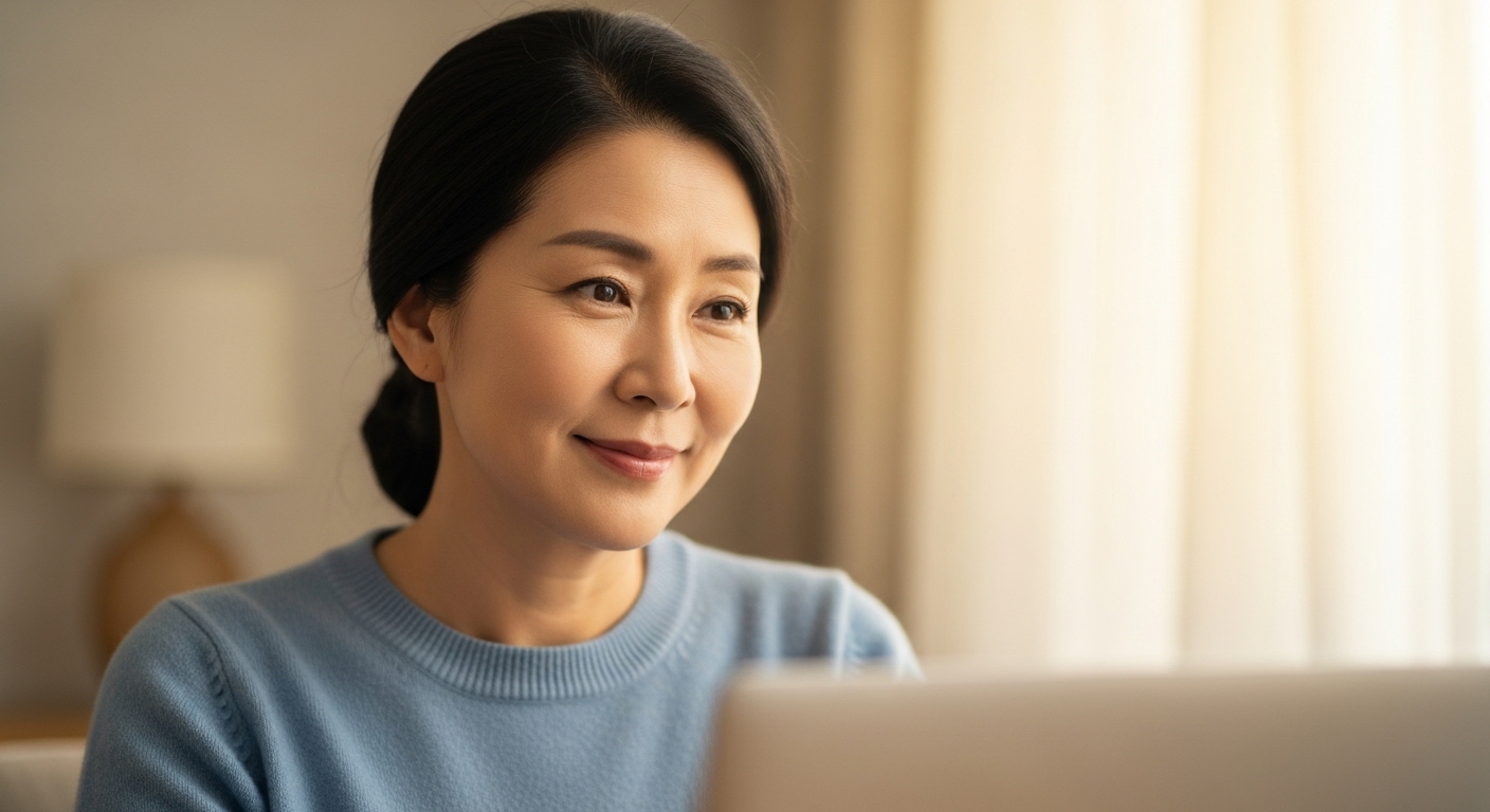 여성이 20‑20‑20 규칙을 실천하며 화면에서 시선을 돌리는 장면