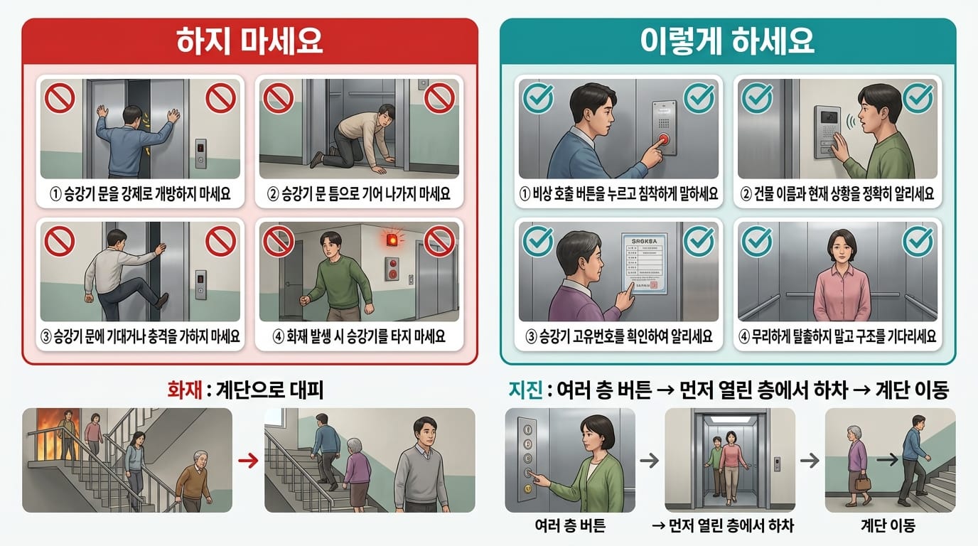 엘리베이터 갇힘 화재 지진 상황의 안전 행동요령을 설명하는 이미지