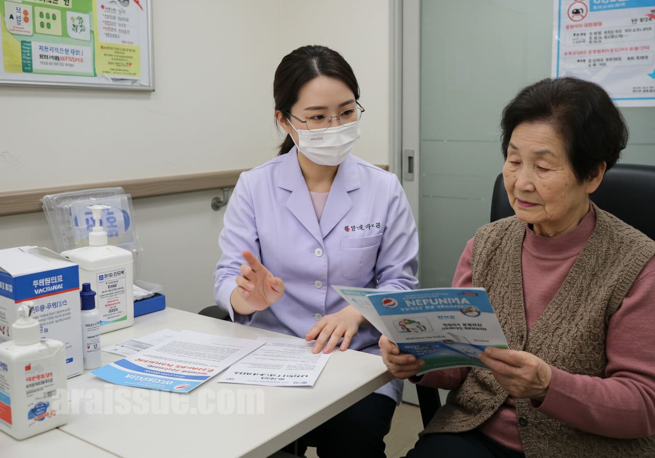 정부에서 폐렴 예방접종을 지원하는 장면. 고령자에게 무료 접종 혜택을 설명하는 의료 전문가.
