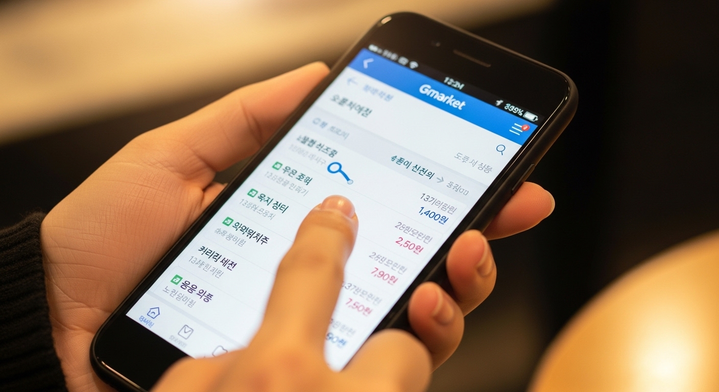 스마트폰으로 지마켓 항공권 앱을 보고 있는 손