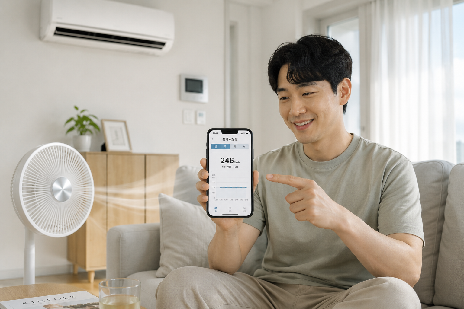 기기 종류에 맞는 올바른 사용법과 서큘레이터 활용으로 전기 사용량을 방어하고 스마트폰 앱(파워플래너)을 보며 안도하는 직장인