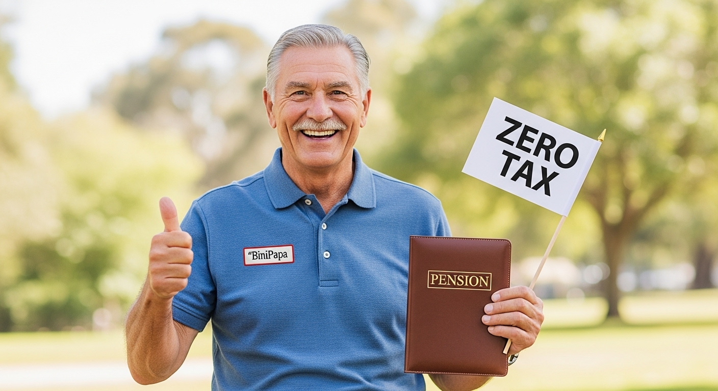 은퇴한 '빈이아빠'가 한 손엔 '연금 통장', 한 손엔 '세금 0원' 깃발을 들고 환하게 웃는 모습