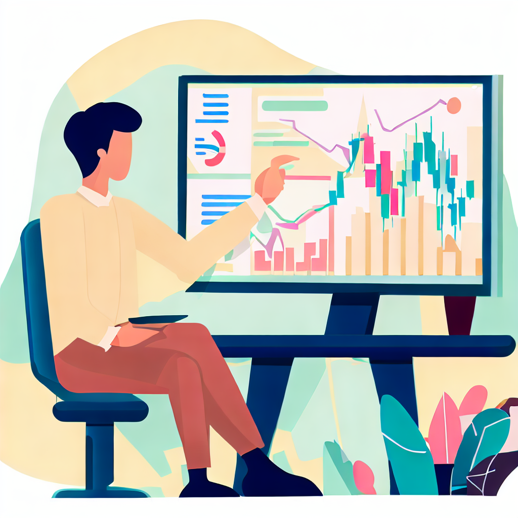 Flat vector style of a person analyzing the stock market trends with the help of information gained from an investor's meeting.