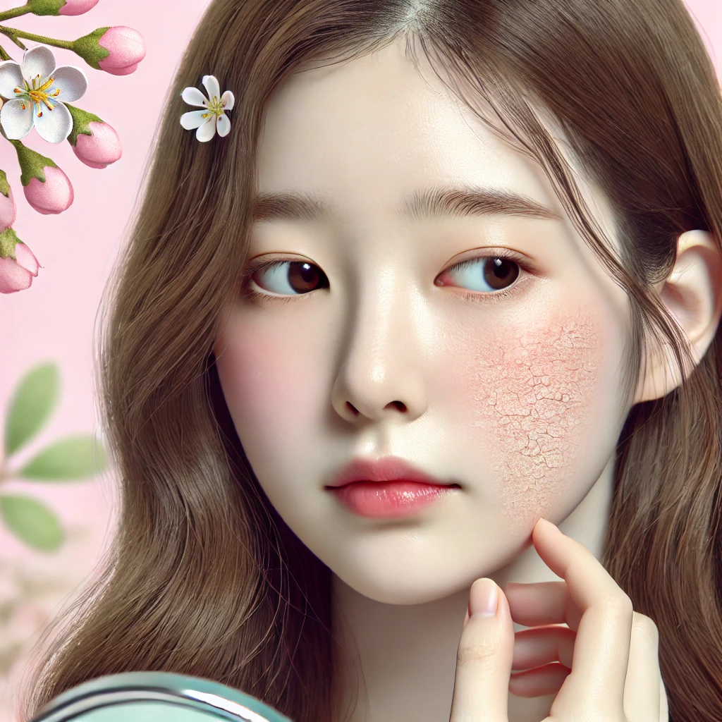 거울을 보며 환절기 피부 각질을 걱정하는 여성의 모습, 봄 분위기의 부드러운 배경