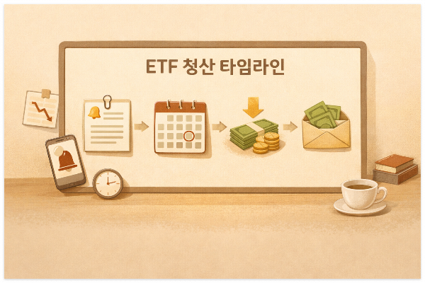 ETF 청산 일정과 현금 정산 과정을 설명하는 일러스트