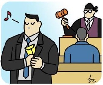 룰루랄라-돈봉투를-챙기고-휘파람을-부는-남자가-법정에-앉아-재판받는-모습