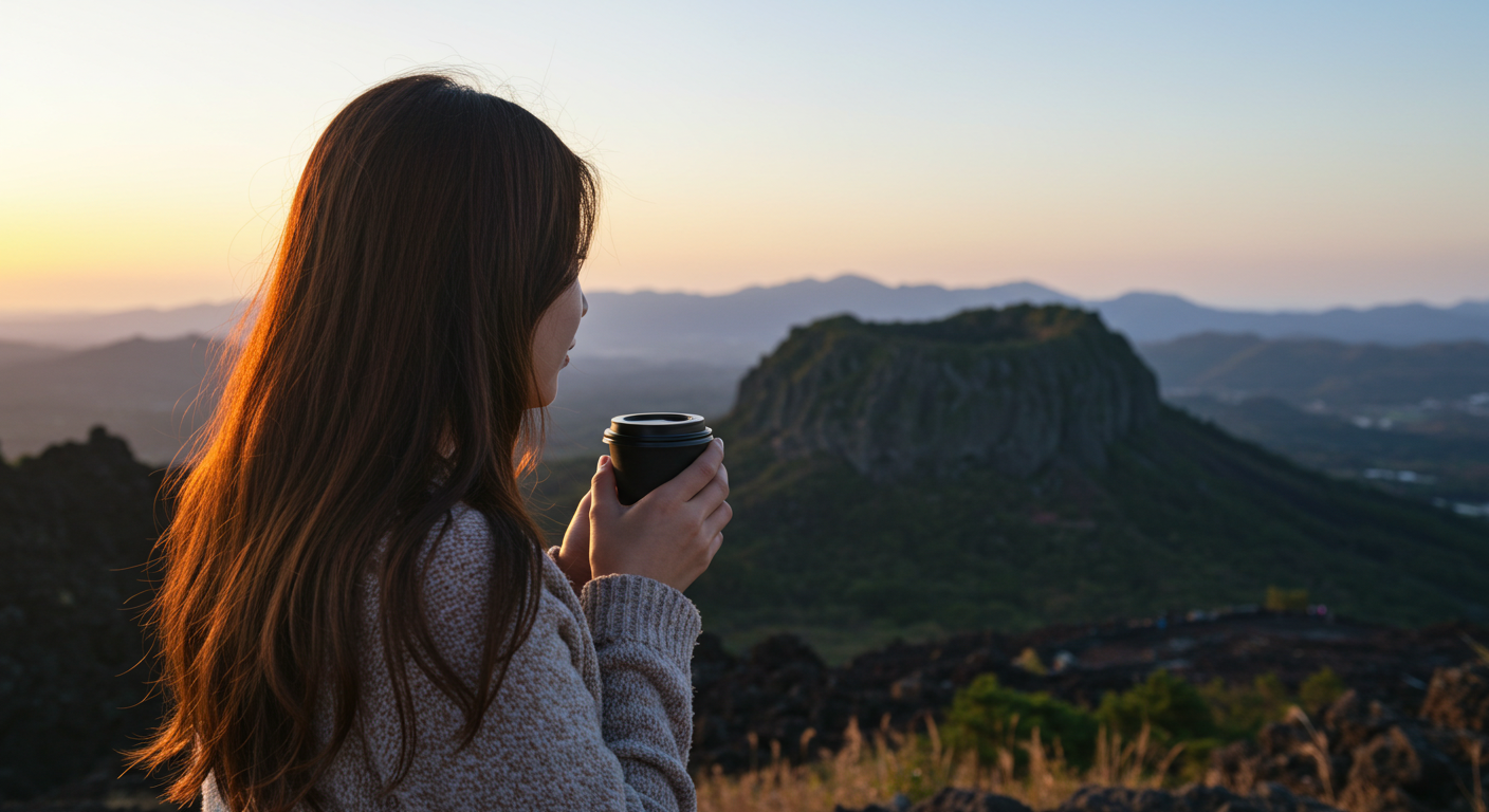 제주 오름 정상에서 파노라마 뷰를 감상하며 커피 한 잔으로 힐링하는 모습.
